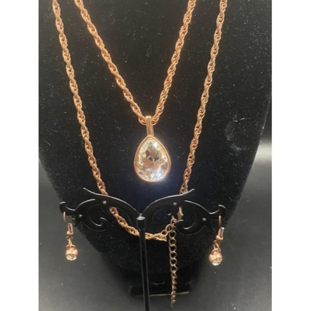 Sparkling Teardrop Necklace Earrings Set Bezel Set Crystal Copper Rope Bling - Picture 2 of 12